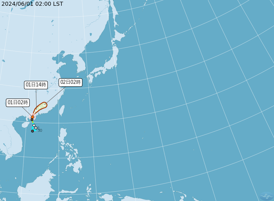 根據氣象署路徑潛勢預測圖顯示，第2號颱風馬力斯登陸廣東，受地形破壞，將迅速減弱為熱帶低壓，並再轉變為鋒面帶上的氣旋。 圖片來源:氣象署