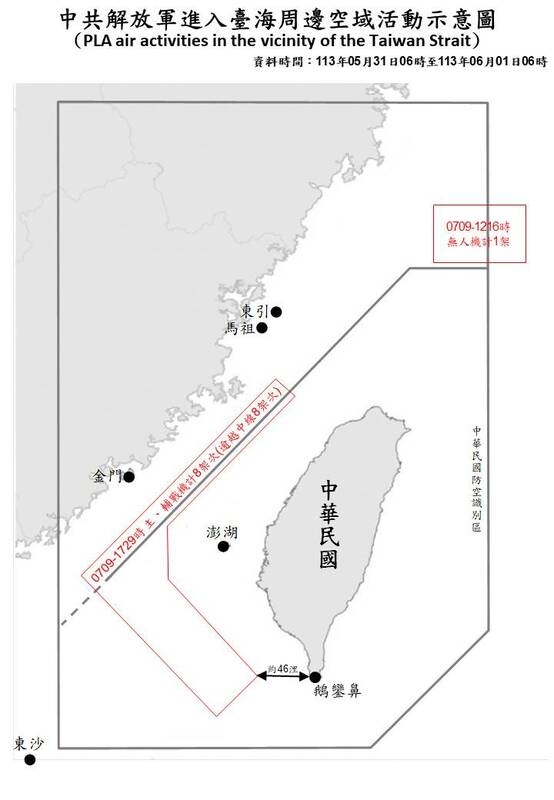 國防部偵獲19架共機艦船在台海周邊活動，最近距離鵝鑾鼻46浬。 圖片來源/國防部