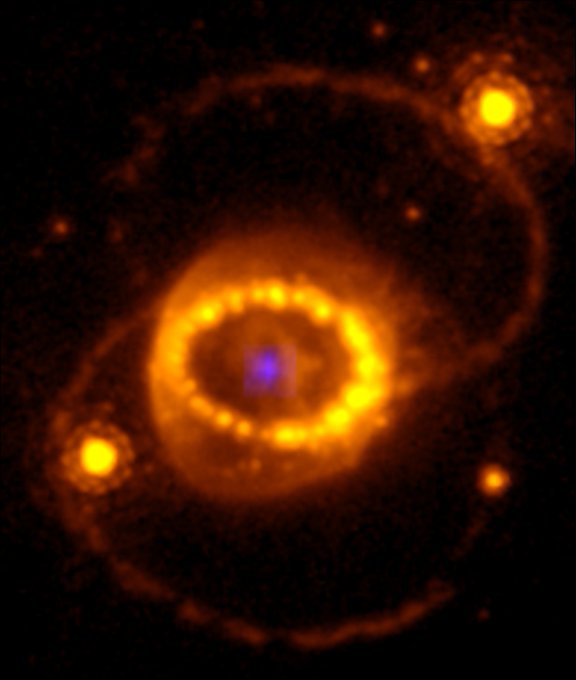 由韋伯太空望遠鏡與哈伯望遠鏡共同拍攝的「 SN 1987A 」照片，中間藍紫色的部分是人類首次近距離觀測到超新星爆炸後塌縮的中子星。 圖：翻攝自 @Stockholm_Uni X 帳號