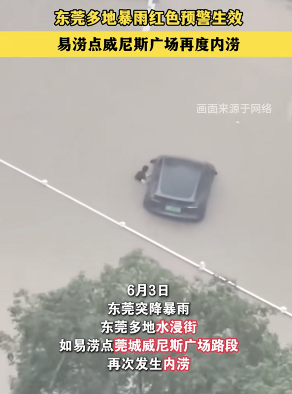 東莞市暴雨即時多地淹水及腰。 圖：翻攝自 騰訊網