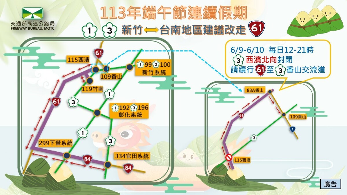 113年端午節連假新竹-台南地區替代道路路線圖。 圖：交通部高公局／提供