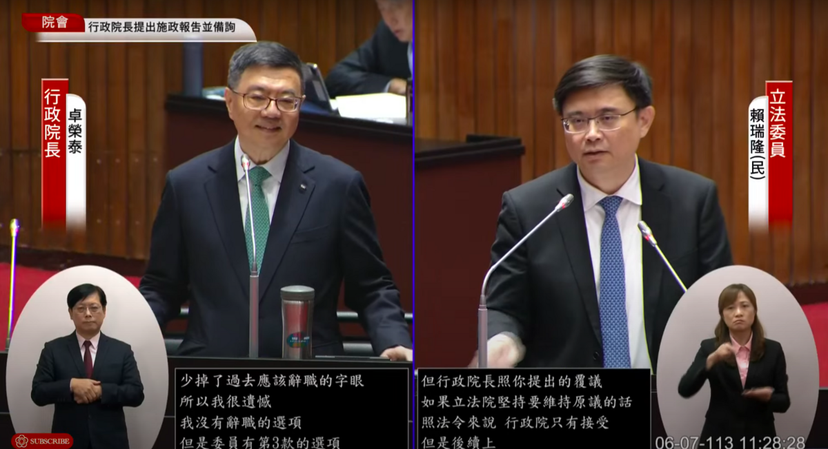 行政院長卓榮泰面對藍營可能提不信任案，他認為在憲政秩序允許下，沒有好擔心的。 圖：翻攝自國會頻道