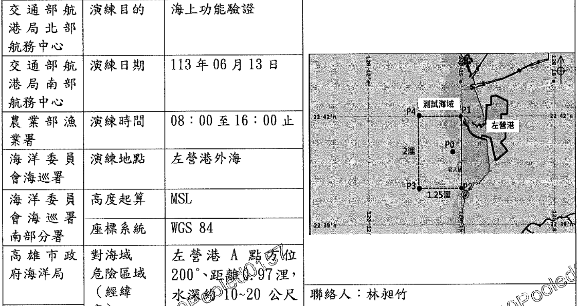 中科院於 13 日將於高雄左營港近海進行「海上功能驗證」，管制範圍面積約 2 浬乘以 1.25 浬，且測試水深約 10 至 20 公尺。 圖：翻攝自 漁業署射擊通報網站