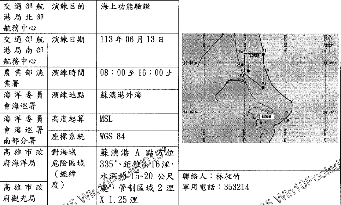 中科院同日、同時段亦在蘇澳港近海實施同項驗證，管制範圍面積同樣為 2 浬乘以1.25 浬，但水深略深，達 15 至 20 公尺。 圖：翻攝自 漁業署射擊通報網站