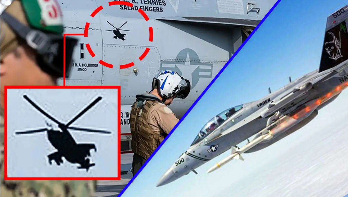 美軍 EA-18G 咆哮者電戰機被放現機身側邊塗上代表擊墜Mi-24/35 雌鹿攻擊直升機符號。 圖：翻攝美國空軍
