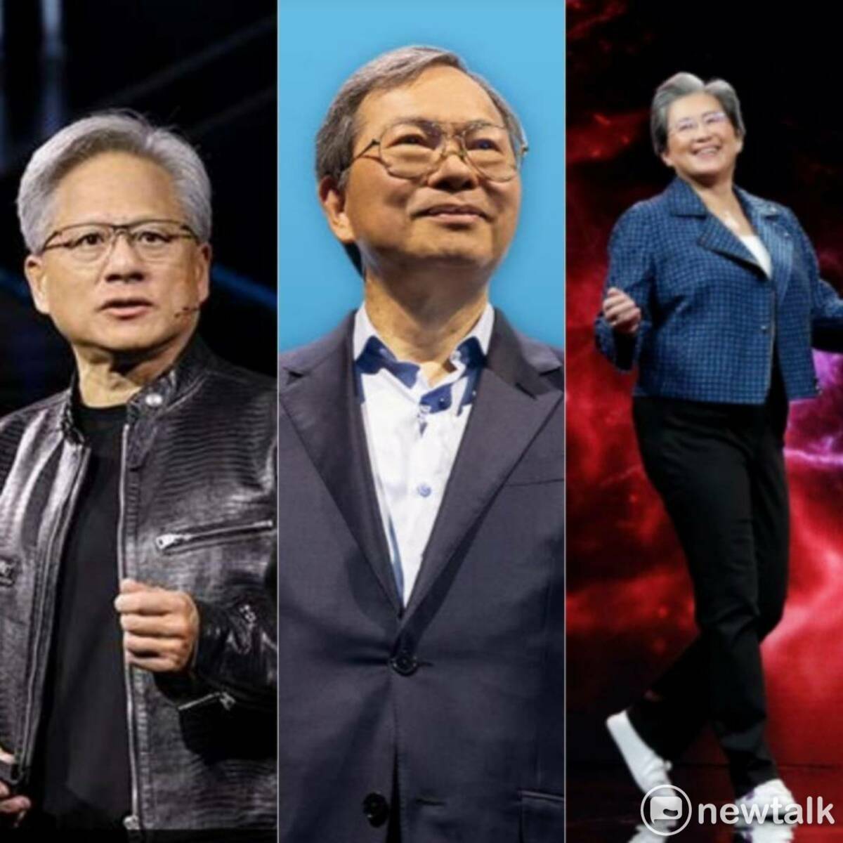 輝達執行長黃仁勳(左一)、超微董事長蘇姿丰(中)、美超微執行長梁見後(右一)三人締造美國矽谷台商傳奇，續寫台灣之光的最佳典範。 圖: 擷取自輝達、超微、美超微官方網站並合成。