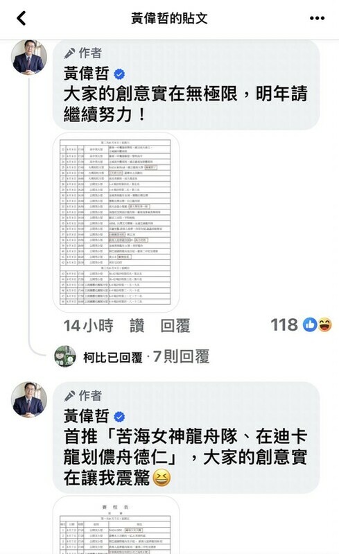 2024台南國際龍舟錦標賽昨日熱鬧閉幕，台南市長黃偉哲臉書PO文笑稱「台南人有多愛諧音梗！看龍舟賽就知道～」引發網友熱烈討論。 圖：台南市政府提供