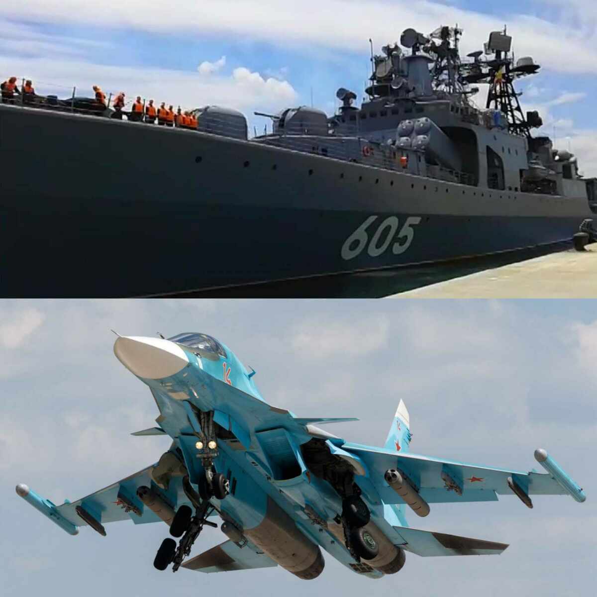 「列夫琴科海軍上將」號（上）、蘇-34 戰鬥轟炸機（下）。 圖 : 翻攝自百度(新頭殼合成)