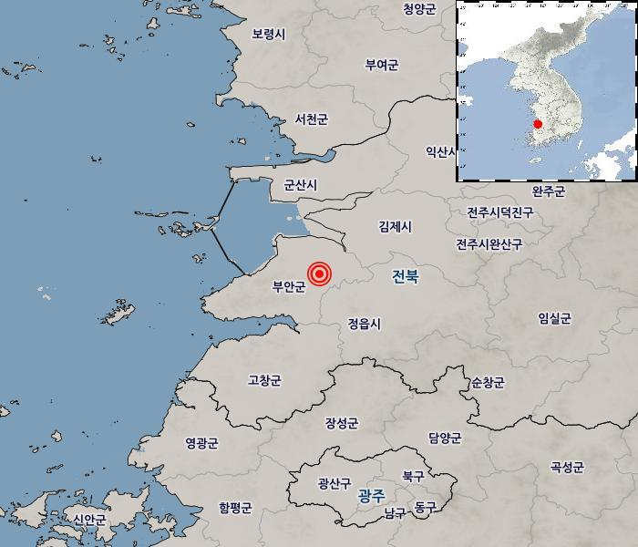 韓國全羅北道扶安郡今（12）日當地時間上午8時26分發生規模4.8的極淺層地震。 圖:翻攝自韓國氣象廳官網(KMA)