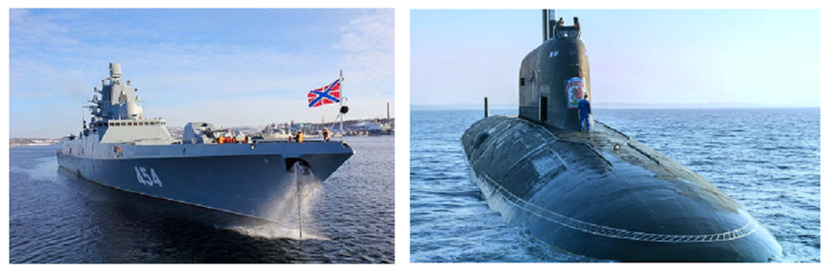 俄羅斯「戈爾什科夫海軍元帥號(舷號454)」巡防艦(圖左)及「喀山號(K-561)」潛艦(圖右)，將訪問古巴。 圖：翻攝陸網(資料畫面)