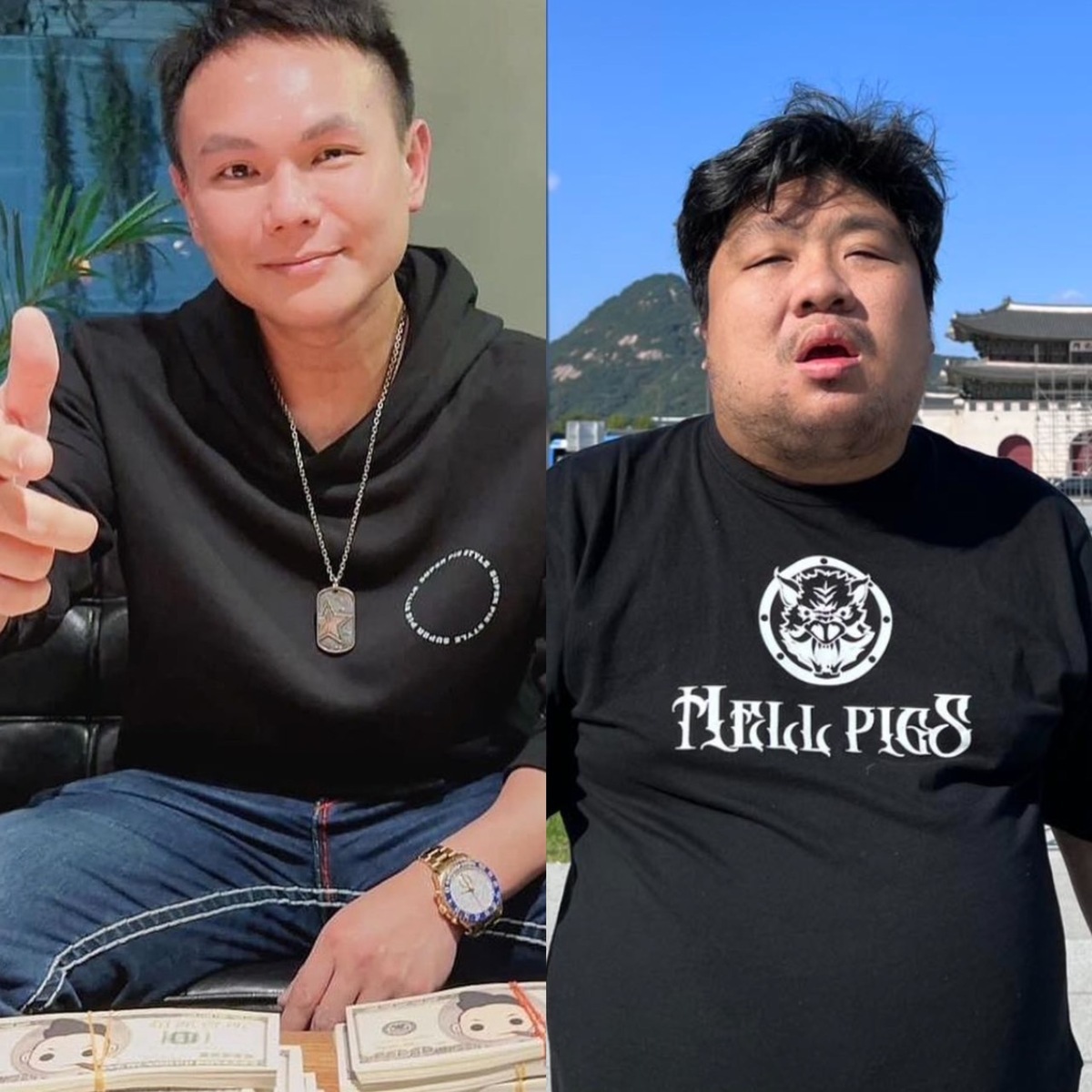 超哥（左）先前在私人招待所端出要價6萬元的「女體盛」，引發外界熱議。而統神也認為這種行為很不衛生，直言「就算只要500元我也不去」。 圖：翻攝自超哥、統神IG