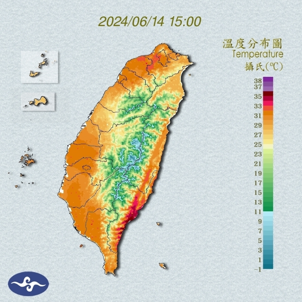 檢視中央氣象署資料，台東太麻里測站13時測得38.9度的高溫，氣象署表示，已創下了今年的新紀錄。 圖：翻攝自中央氣象署官網