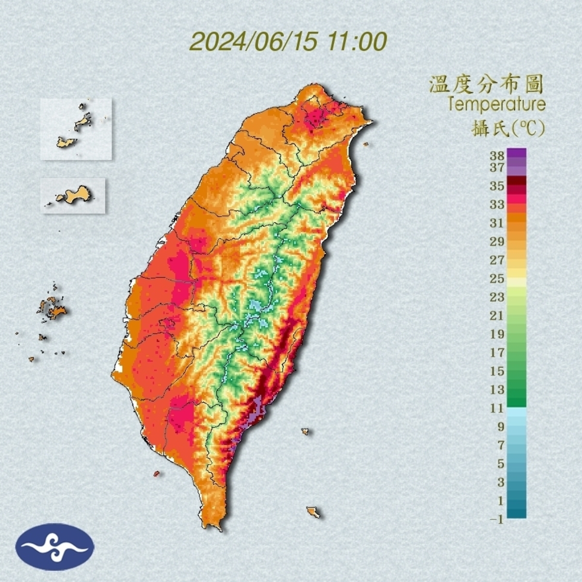 今(15)日中午前後台東縣為橙色燈號，有38度極端高溫出現的機率；台北市、新北市、桃園市、彰化縣、花蓮縣為黃色燈號。 圖：氣象署／提供