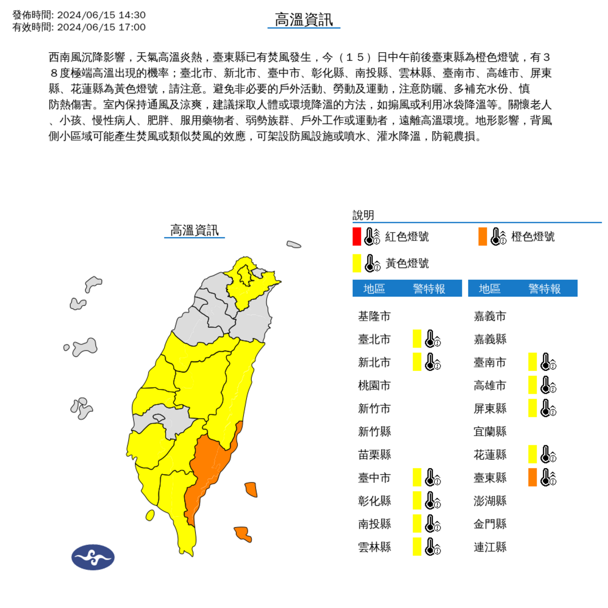 今(15)日中午前後台東縣為橙色燈號，台北市、新北市、台中市、彰化縣、南投縣、雲林縣、台南市、高雄市、屏東縣、花蓮縣為黃色燈號。 圖：氣象署／提供