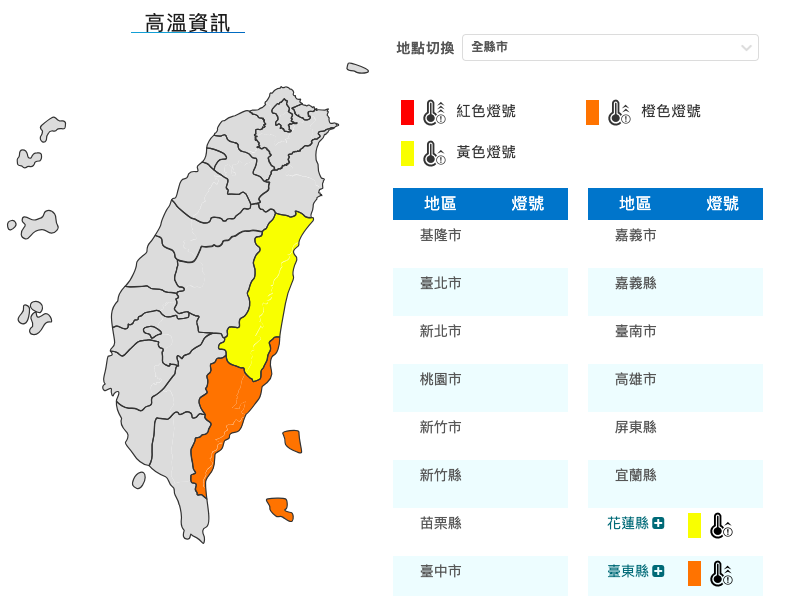 明（16）日西南風沉降影響，中午前後臺東縣為橙色燈號，有連續出現攝氏36度高溫的機率，花蓮縣為黃色燈號。 圖：翻攝自中央氣象署