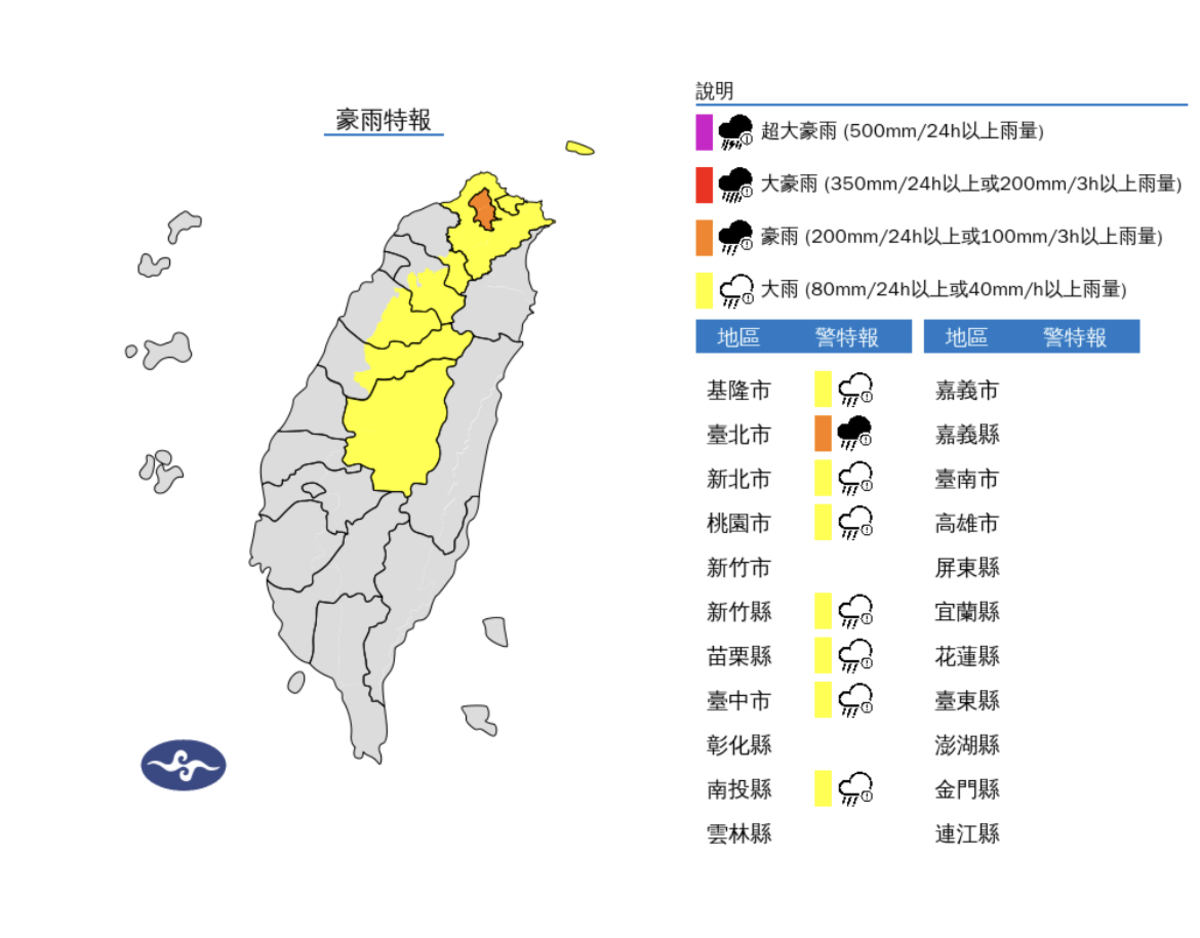 台北市發布豪雨特報，三區列淹水警戒。 圖：翻攝自中央氣象署官網