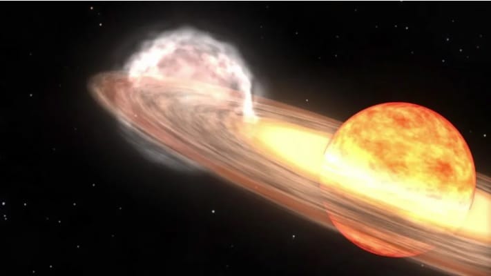 距離地球約 3000 光年的 T CrB  雙星系統預計近期會發生「新星」爆炸，亮度將大幅提升至肉眼可見的程度。 圖：翻攝自 NASA 官方網站