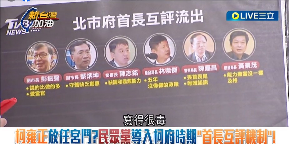 民眾黨主席柯文哲過去在北市府實行「首長互評機制」，但互評表內容卻外流，首長直接互相開嗆，遭疑內鬥。 圖：截自「新台灣加油」直播