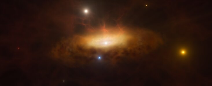 位於處女座的 SDSS1335+0728 星系近期亮度大幅提升，天文學家們認為應該是星系內部的黑洞正在甦醒的過程中，吞噬周圍許多氣體，才產生這種現象。 圖：翻攝自 ESO 官網
