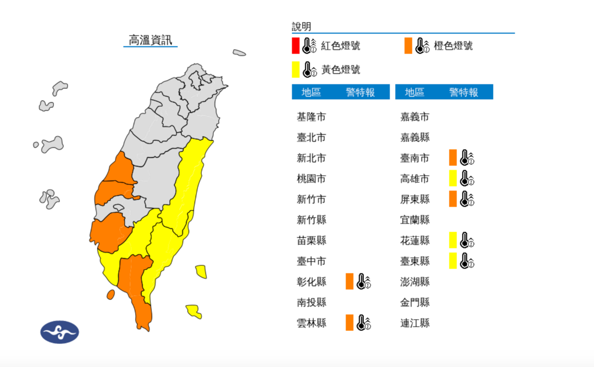 今日一早，中央氣象署對7縣市發布高溫特報。 圖：翻攝自中央氣象署官網