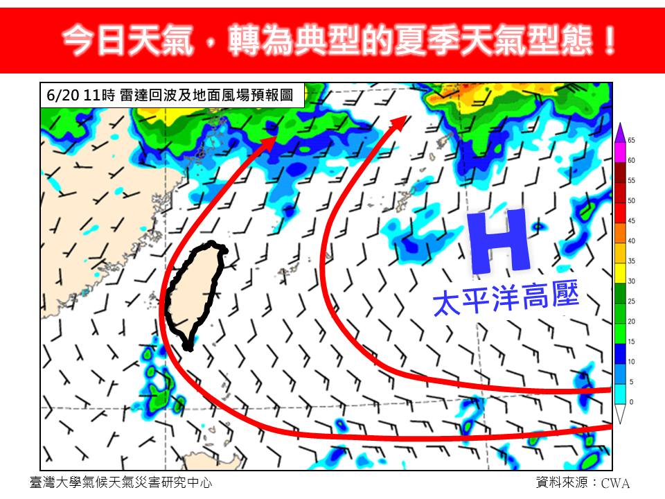 林老師氣象站說明，今日天氣已正式轉為典型的夏季天氣型態，各地高溫普遍為攝氏32至36度之間。 圖：翻攝自林老師氣象站臉書
