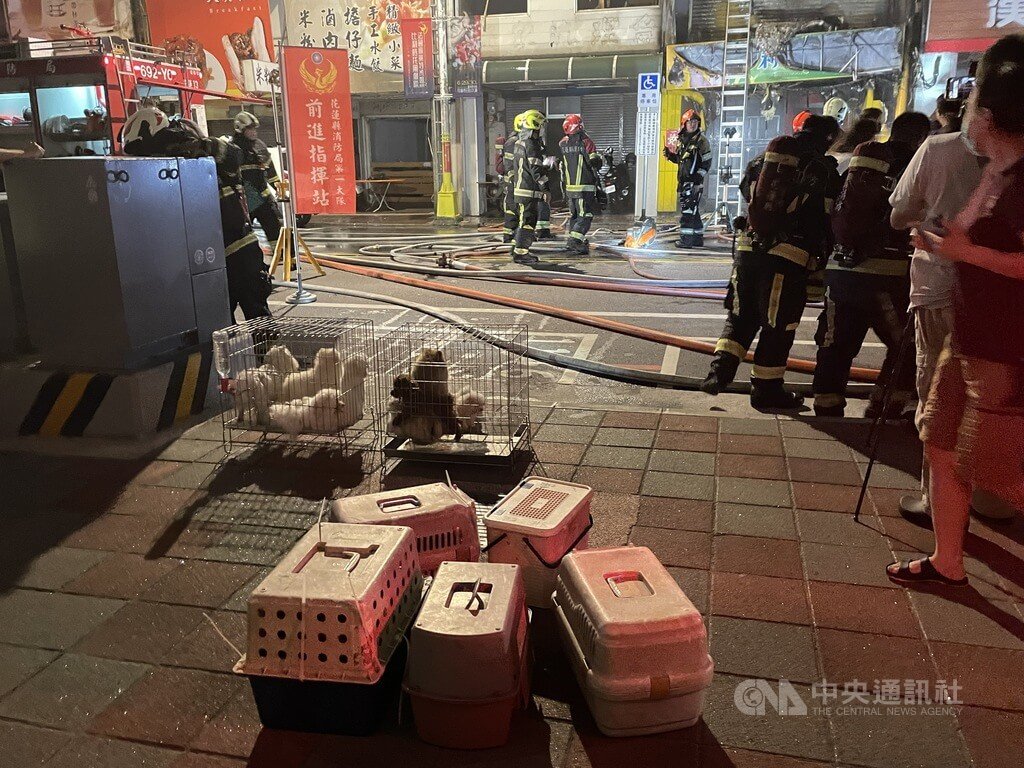 花蓮市中山路一家寵物美容店22日晚間驚傳火警，店員緊急將部分寵物犬救出，消防獲報到場馳援，也從火場中陸續救出受困寵物。 圖：中央社提供