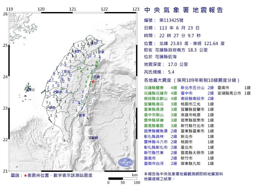 中央氣象署發布最新地震報告，今晚10時27分花蓮縣近海發生芮氏規模5.4地震。 圖：中央氣象署提供