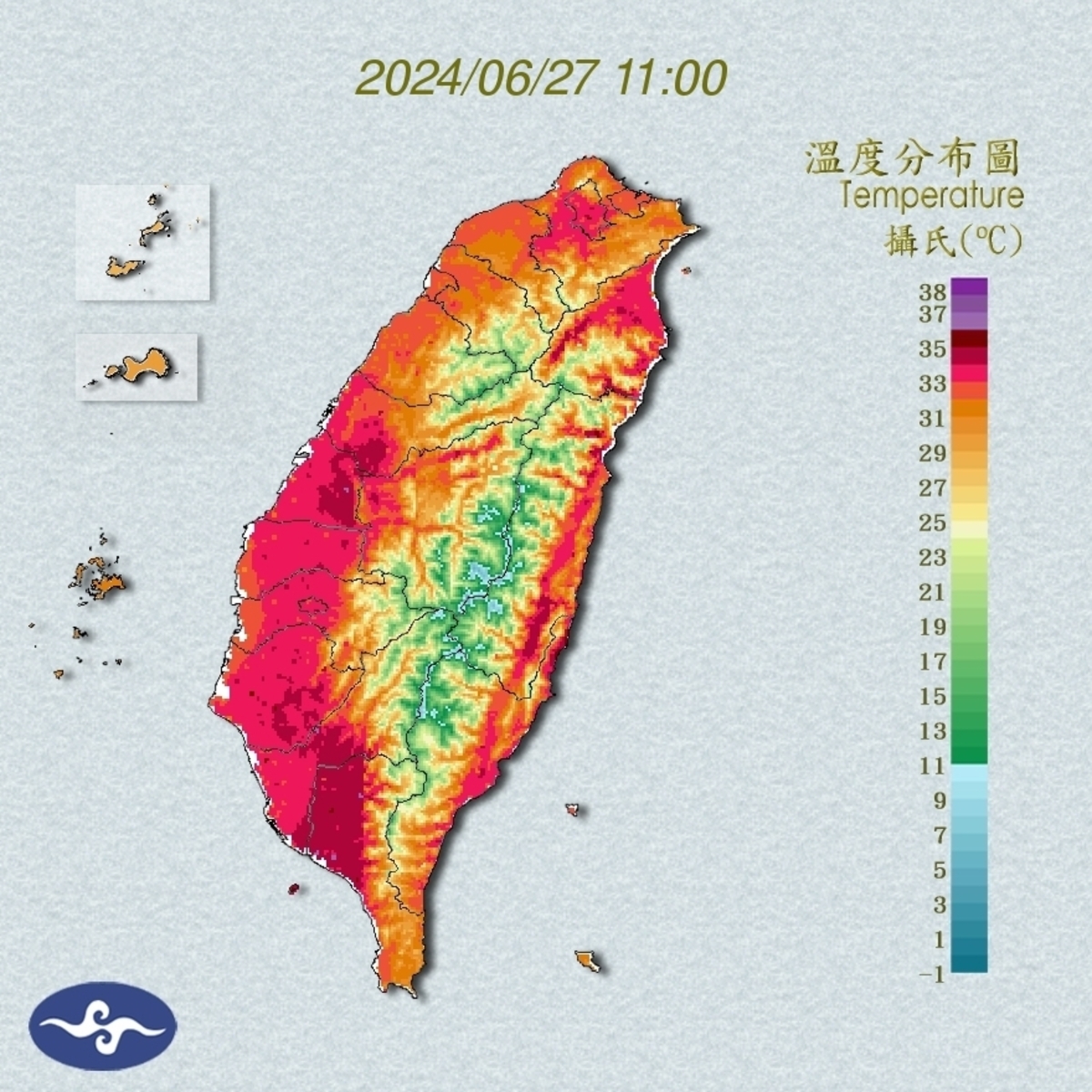 今(27)日為太平洋高壓最強的一天，各地天氣高溫炎熱。 圖：翻攝自中央氣象署官網