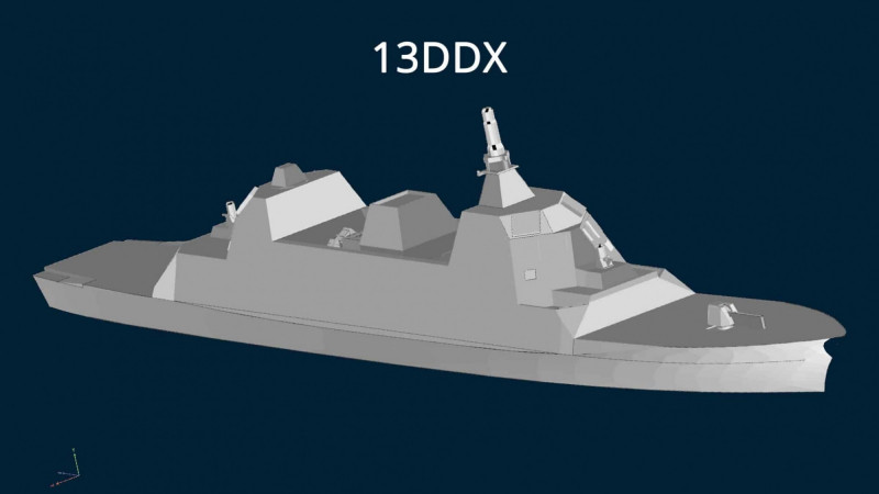 日本防衛省防衛裝備廳公開的「13DDX」新型高階防空驅逐艦渲染圖。 圖：翻攝www.mod.go.jp/atla/