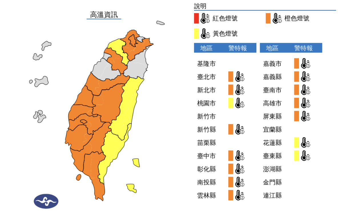 氣象署發布高溫資訊，民眾出門請注意防曬、多補充水分。 圖片來源/氣象署