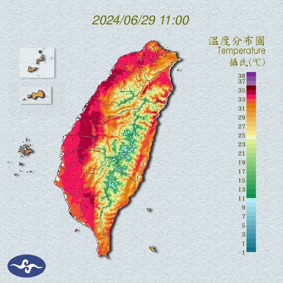 西南風沉降影響，各地天氣高溫炎熱。 圖：翻攝自中央氣象署官網