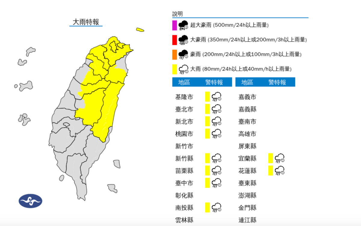 今(29)日受到西南風影響，中南部地區及澎湖、金門有局部短暫陣雨或雷雨，南部地區並有局部較大雨勢發生的機率。 圖：翻攝自中央氣象署官網