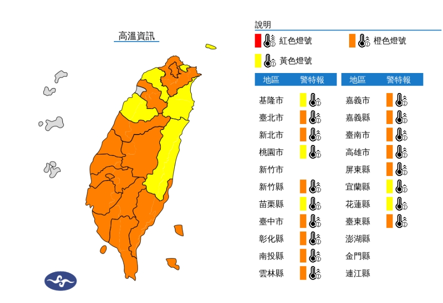氣象署發布18縣市高溫警訊，其中台東縣有焚風發生的機率。 圖/氣象署