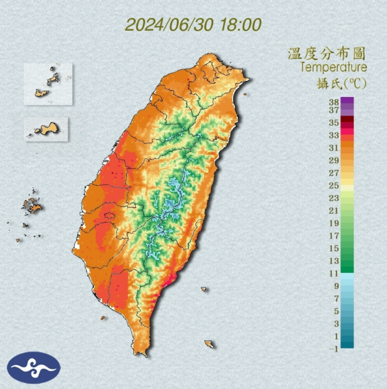 中央氣象署表示，台東縣金崙測站測得41度，是今年觀測以來最高溫。 圖：翻攝自中央氣象署官網