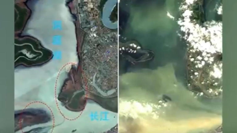 在洞庭湖長江出口處左圖是5/28洪水發生前，下方紅圈處有大片草地或陸地，洪水來臨時已經完全被淹沒。 圖：翻攝央視
