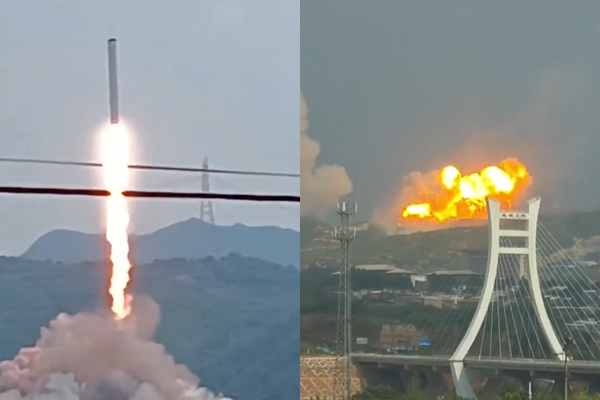 河南省鞏義市境內30日出現火箭殘骸墜落並爆炸起火，多位民眾目擊並拍下。 圖：翻攝微博