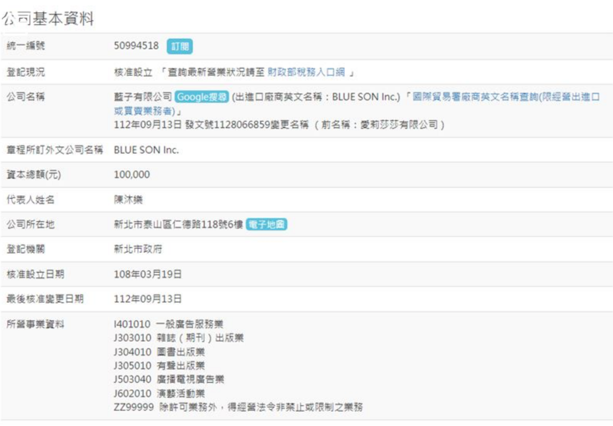 網友還上網去查愛莉莎莎公司的資料，發現從去年9月開始公司名稱變更成「藍子有限公司」，代表人名字也改成陳沐樂。 圖：翻攝自經濟部商工登記公示網站