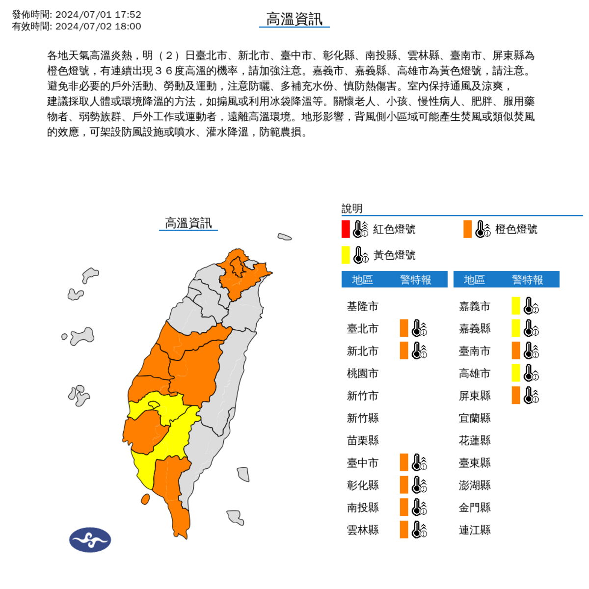 包括雙北與台中以南等11縣市，都籠罩在高溫警報範圍，請民眾注意。 圖：中央氣象署／提供