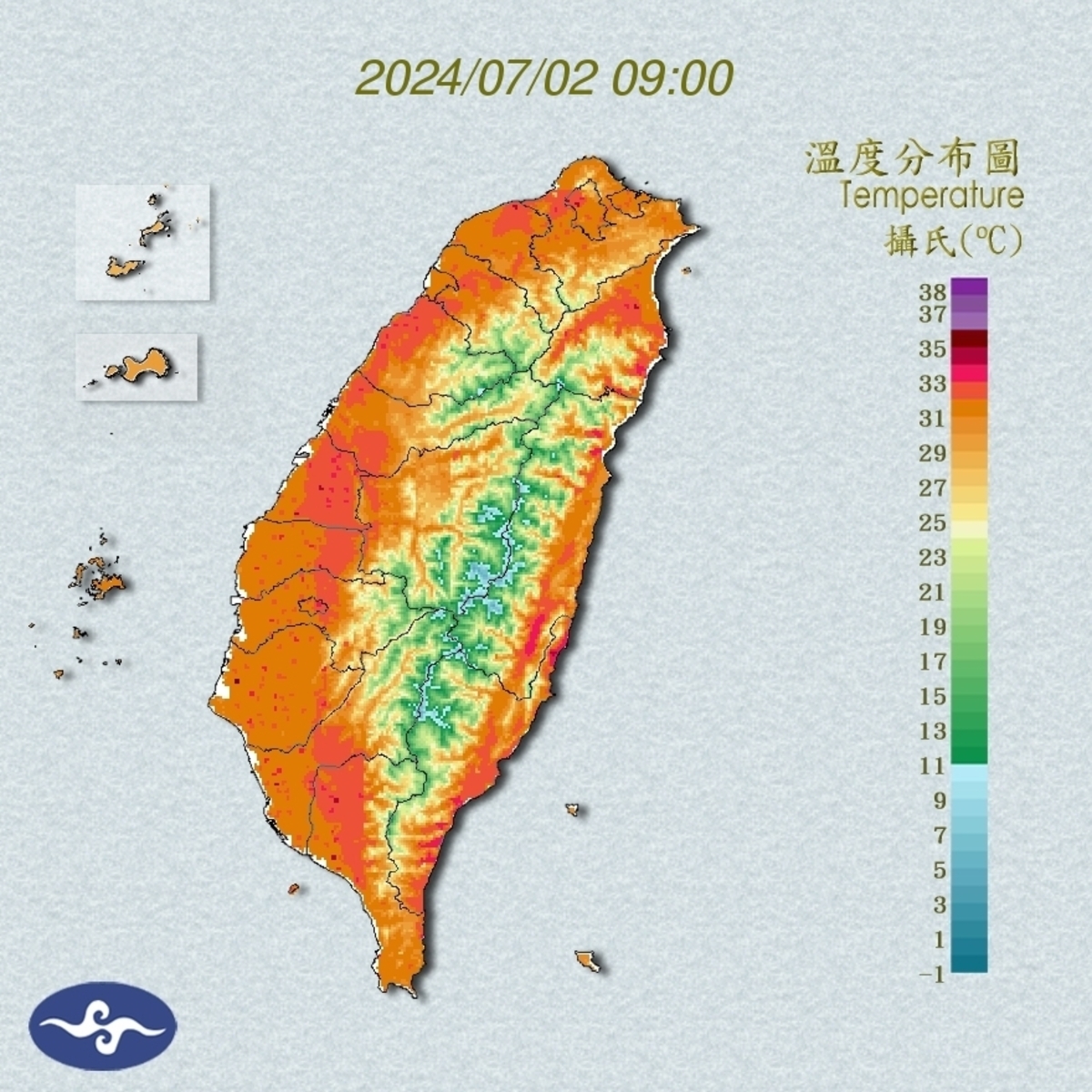 溫度部分，北部可來到35至36度，中部34至37度，南部34至36度，東半部32至35度。 圖：翻攝自中央氣象署官網