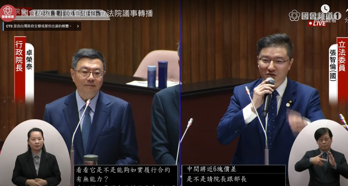 國民黨立委張智倫質詢行政院長卓榮泰期間，也關切超思進口蛋爭議。 圖：擷取自國會頻道