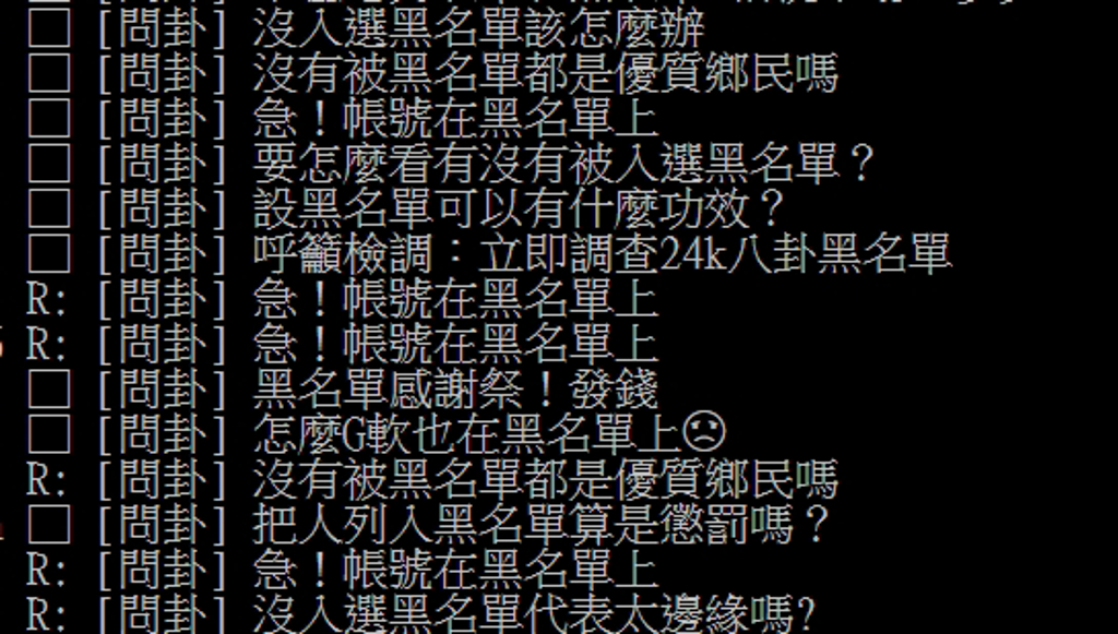 近期有 PTT 鄉民公布自己多達 2.4 萬人的黑名單，讓綠營支持者能「封鎖藍白粉」，引發大量鄉民討論。 圖：翻攝自 PTT 八卦板