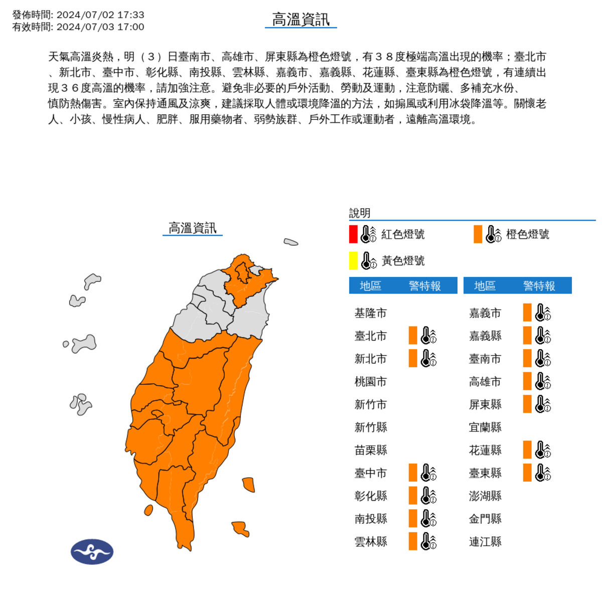 隻北市與台中以南，全台13縣市都在高溫警戒範圍，請民眾小心。 圖：中央氣象署／提供