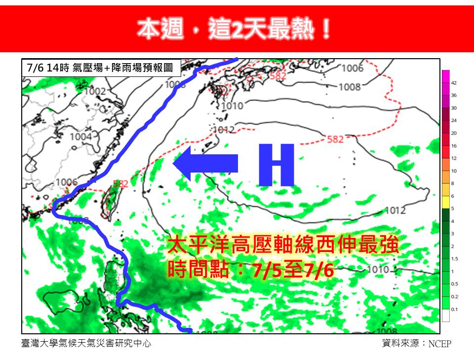 今週太平洋高壓軸線將在7月5日至7月6日期間西伸增強，各地天氣將變得炎熱。 圖：翻攝自林老師氣象站