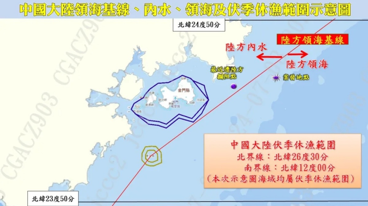 澎湖籍漁船「大進滿88號」2日晚間遭中國海警登檢攔查並帶回泉州。經海巡署確認所報案發地點在中線以西且靠近中方領海水域內，台灣禁限制水域外。 圖：海巡署提供