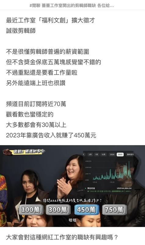 有網友詢問「薔薔工作室開出的剪輯師職缺，各位給幾分？」。 圖：翻攝自Dcard