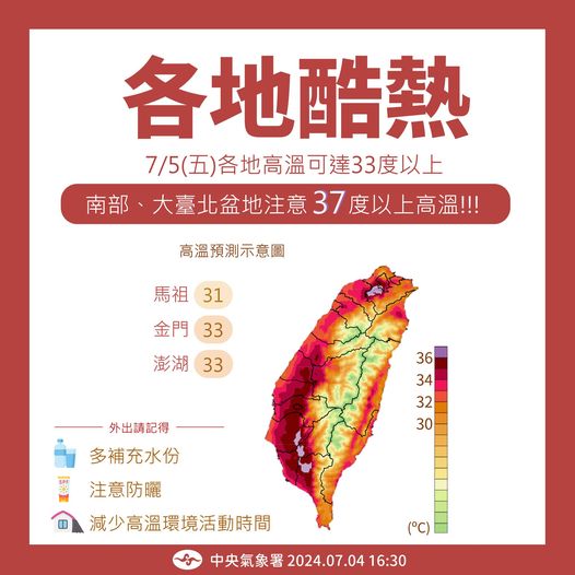 中央氣象署警告，今天全台各地更熱，高溫普遍可達攝氏33度至35度，而南部、大台北盆地注意可能出現37度以上高溫！ 圖：翻攝自報天氣臉書