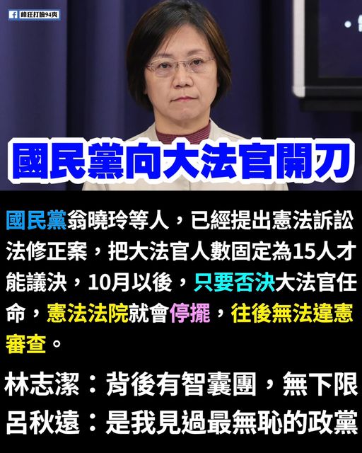網友怒斥，翁曉玲要改憲法訴訟法，目的就是年底藍白杯葛大法官人事同意權後，癱瘓憲法法庭運作。 圖：翻攝自峰狂打臉94爽！臉書