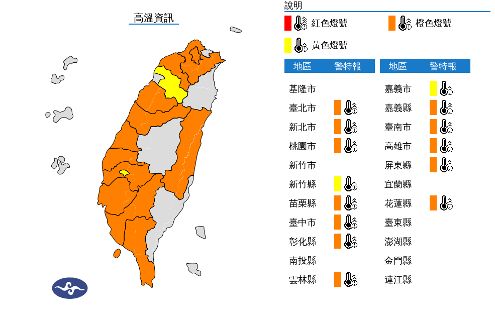 高溫特報。 圖：翻攝自中央氣象署官網