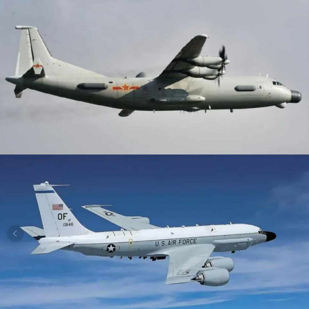 據網友稱，美軍出動了EA-18G「咆哮者」電子戰機和RC-135戰略偵察機(圖下)，中國則派出了運-9電子戰機(圖上)和815A型電子偵察艦等。 圖 : 翻攝自騰訊網(新頭殼合成)