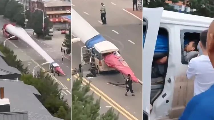 風力發電機葉片「刺穿廂型車」，至少2人慘死。 圖：翻攝微博
